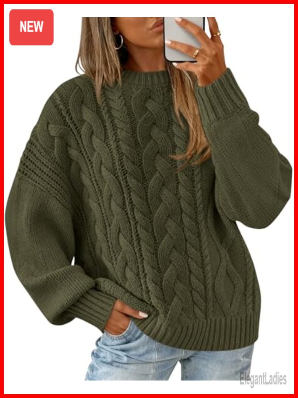 Women's Oversized Cable Knit Sweater Crew Neck Lantern Sleeve Pullover